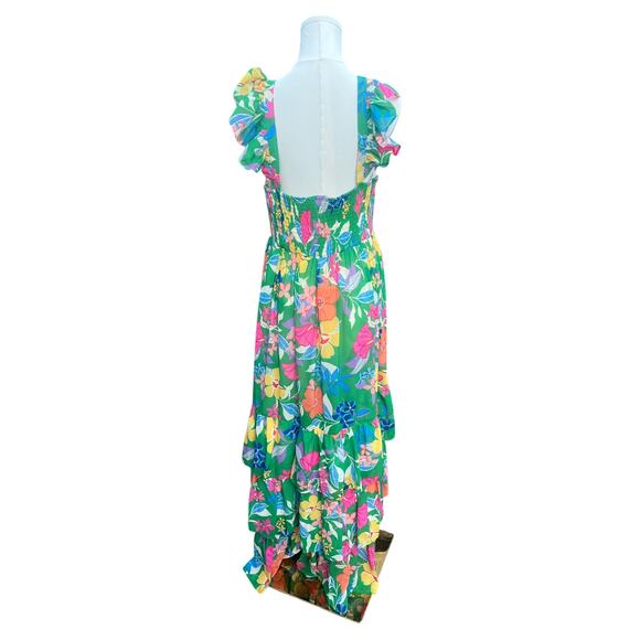 Green Floral Chiffon Sleeveless Ruffle Maxi Dress Feminine cottage core Sz L - Picture 5 of 14